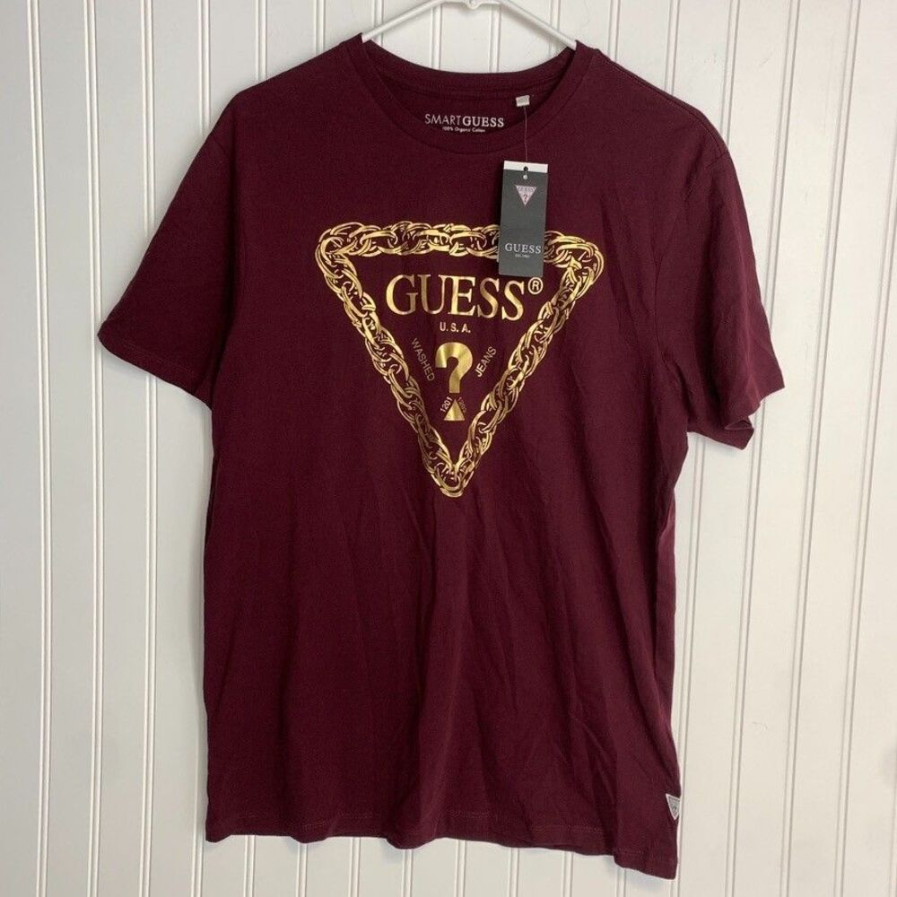 Guess‎ Men Short Sleeve T-Shirt Gold Burgundy Crewneck Logo Triangle Size M